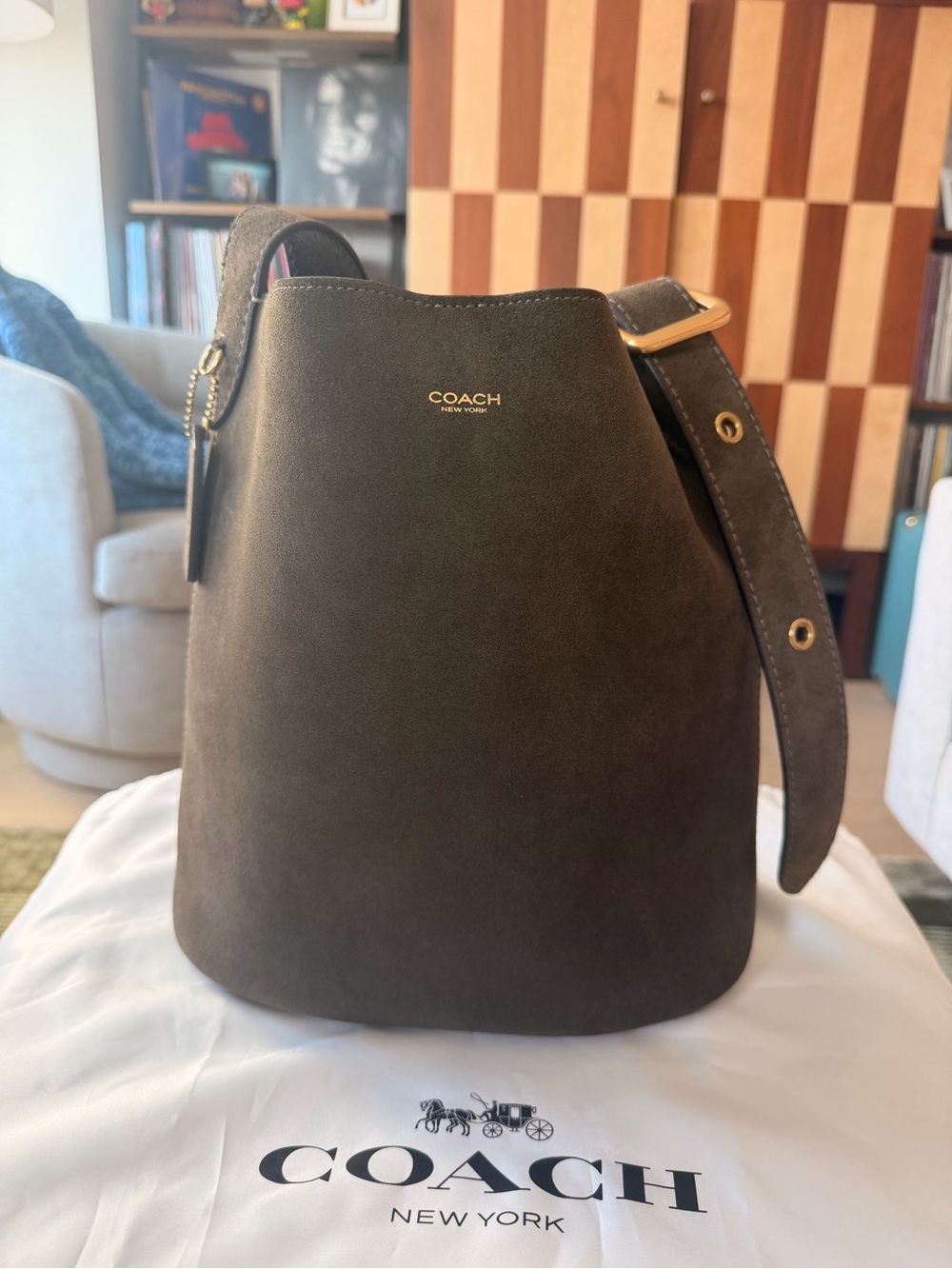 COACH Bleecker Bucket Bag Olive Suede